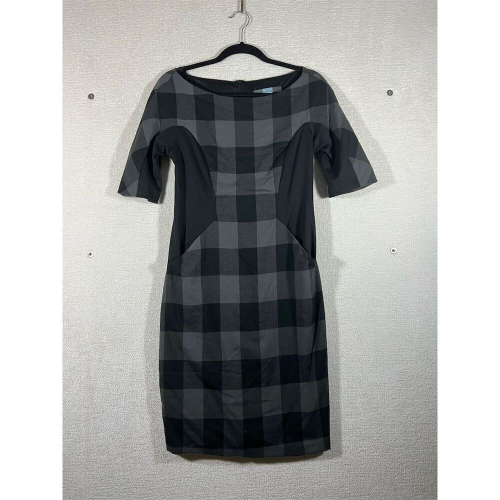 Eva Franco Women's M Gray Plaid Knit Sheath Dress Half Sleeve Workwear